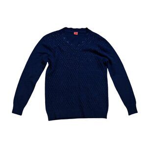 GAP Womens Navy Blue Beaded Scalloped V-Neck Pullover Sweater Long Sleeve Knit M